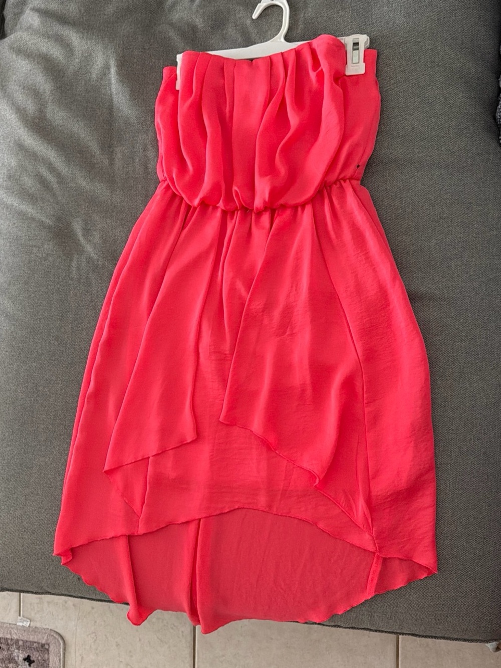 Chiffon Neon Coral Pink Strapless Hi-Low Dress